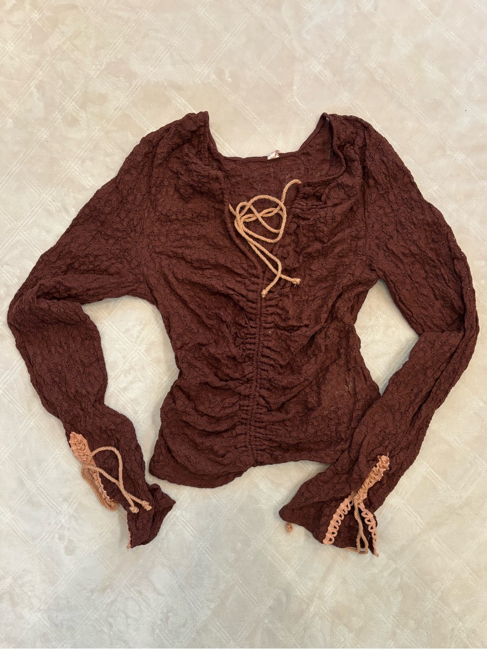 Free People Chocolate Brown Ruched Lace-Up Long Sleeve Top
